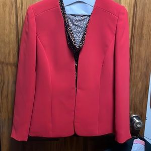 Tahari Arthur S Levine three piece suit cheetah print top, red coat Size 4